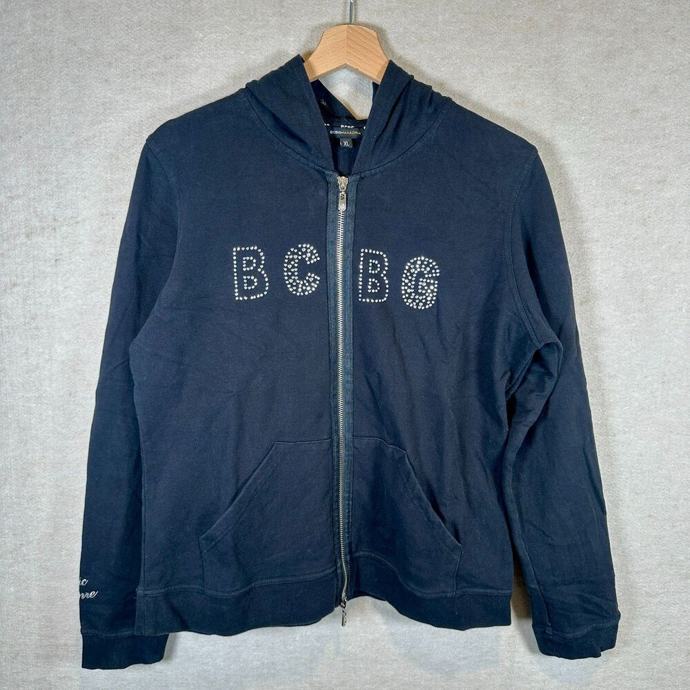 BCBG MaxAzria Bedazzled Hoodie Full Zip Sweatshirt Women XL Black Spell Out Y2K